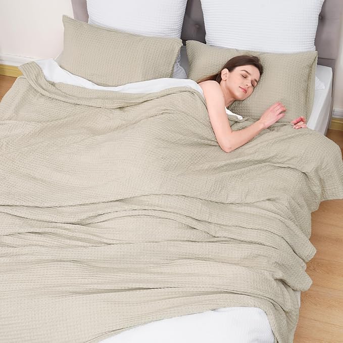 PHF Ultra Soft Waffle Weave Throw Blanket 50"x 60"- Washed Lightweight Breathable Cozy Woven Blanket for Bed - Aesthetic Decor for Couch Bedding Sofa Home Car - Light Khaki/Linen