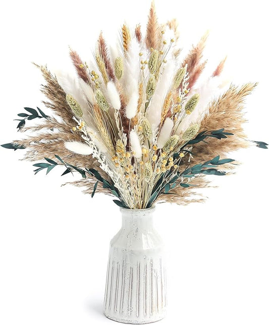 126pcs Dried Pampas Grass Decorations, Dried Flowers, Dried Bouquet in Vase, Reed Grass Bouquet for Boho Floral Wedding, Rustic Farmhouse Decor. (Vase Not Included)