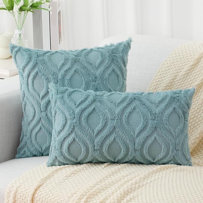 decorUhome Fall Throw Pillow Covers 16x16 Inch Set of 2, Soft Plush Decorative Faux Fur Aqua Solid Couch Pillow Covers, Accent Farmhouse Neutral Square Euro Pillow Cases for Sofa Bed Living Room