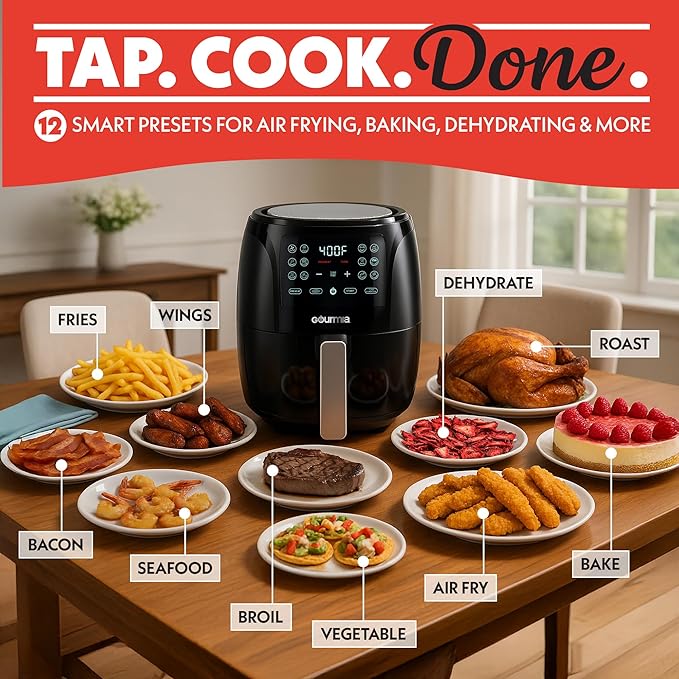 Gourmia Air Fryer 6 QT Digital – Guided Cooking with 12 One‑Touch Presets, FryForce 360 Large XL Basket, Touchscreen, Dishwasher‑Safe Accessories, Healthy No‑Oil Cooking GAF686