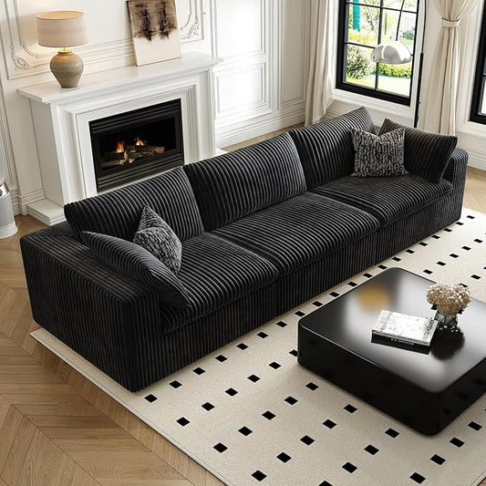 118" Cloud Couch Modular Sectional Sofa for Living Room,Modern Sofa with Deep Seat,3 Seater Boneless Couch,Comfy Upholstered Corduroy Couches for Apartment, Studio, Office,Bedroom,Black