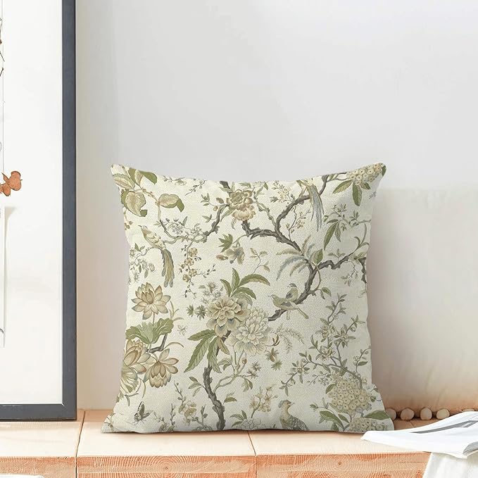 CXMEIFLY Spring Floral Birds Pillow Covers 20 x 20 Inch Set of 2 for Chinoiserie Flowers Decor Throw Pillows Sage Green Plant Outdoor Decorative Cushion Cases for Couch Bed Decorations