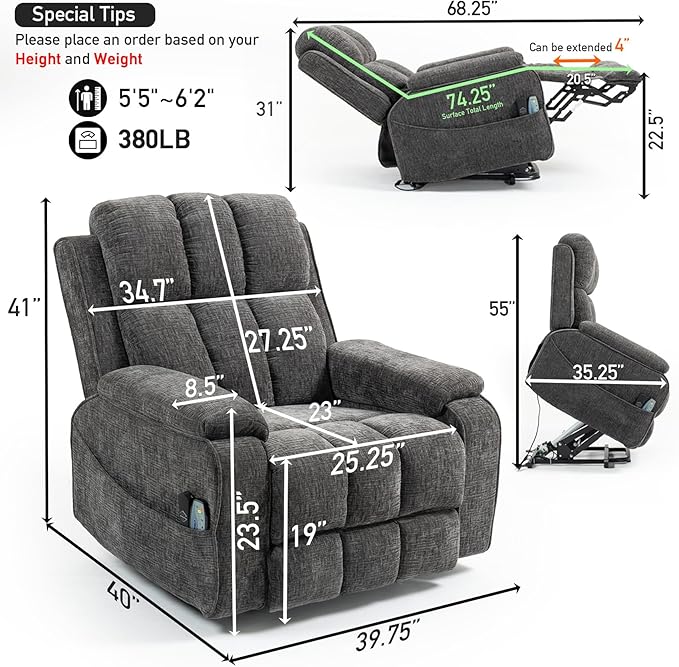 Lazy Boy Recliner Chair, Postoperative Recovery,Retractable 23'' Extra-Long Leg Support Lift Chair Hold up to 400lb,25.5'' Oversized Recliner seat for Big and Tall