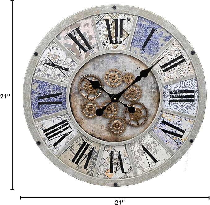 Unique Moving Gear Large Wall Clock 21inch-Battery Powered. Retro Industrial Steampunk Country Farmhouse Decor for The Living Room Kitchen Bars cafes Offices(whith/metal/21)