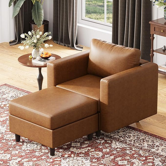 Faux Leather Single Sofa with Storage Ottoman, Modern Accent Chair Deep Seat Large Reading Armchair, Chaise Lounge Chair for Living Room Bedroom Office Brown