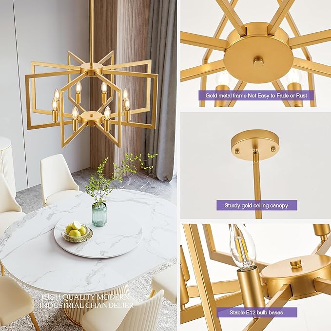 Modern Farmhouse Gold Chandeliers for Dining Room, 8-Light Industrial Metal Chandeliers Geometric Pendant Lights Kitchen Island for Entryway Stairway Foyer Hallway