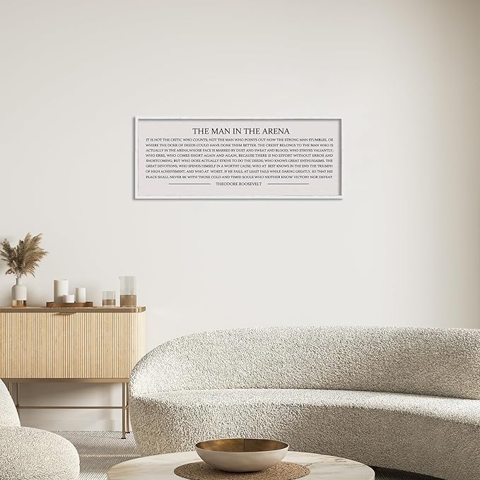 LuZhiQiang The Man in the Arena Wall Decor 40''x15'' Inspirational Quotes Office Wood Framed Sign Rustic Home Motivational Art For Man Entrepreneur Morden Living Room Wall Hanging Decor (White)