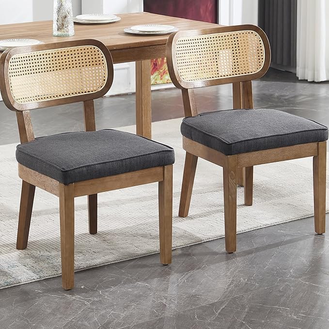 Rattan Dining Chairs Set of 2 Upholstered Linen Kitchen & Dining Room Chair with Curved Backrest Farmhouse Kitchen Chair Solid Wood Armless Side Chair for Dining Room/Restaurant, Black