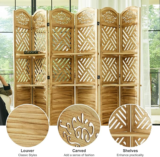 Room Divider with Shelves, 68.9inch Wood Carved and Louvered Wall Divider Freestanding, 6 Panels Folding Partition Screen for Bedroom Home Office (Natural)
