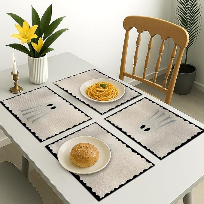 Halloween Ghost Placemats, 4Pcs Black&White Washable Heat Resistant 12×18 Inch Table Mats Cute Place Mats for Party Outdoor Decoration Kitchen Dining Décor