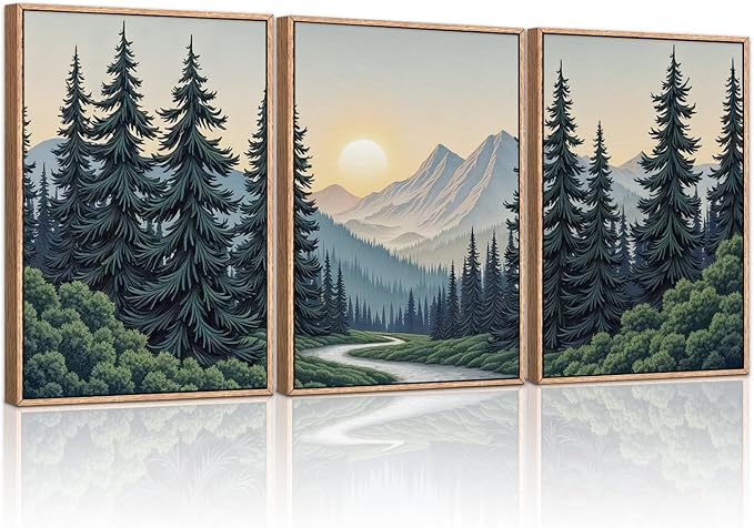HLNIUC Mountain Forest Sun Framed Wall Art,Large Boho Pine Tree Canvas Wall Decor Set of 3(16”x24”)Ridge Mountain Landscape Picture Prints,Natural Sunset Woodland Wall Painting for Living Room,Bedroom