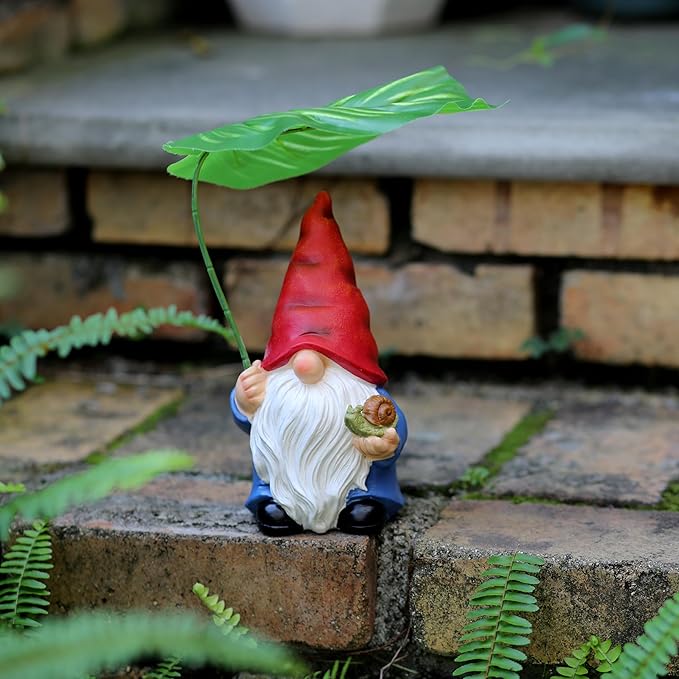 Garden Gnome Statue Decoration with Leaf Umbrella, 7.5” Figurine Ornament for Indoor Outdoor Home Patio Yard Lawn, for Gnome Lovers & Garden Enthusiasts,Mom,Women