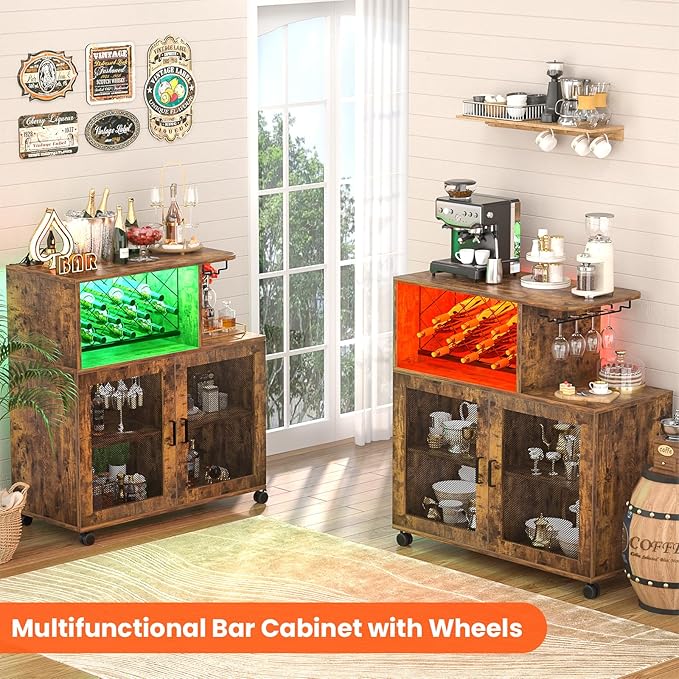 Wine Bar Cabinet with Wheels, Small Liquor Cabinet with LED Light, Home Bar Cart with Power Outlets, Coffee Bar with Wine Rack, Glasses Storage for Kitchen, Dining Room, Living Room, Vintage