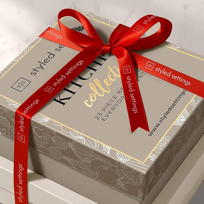 Styled Settings 23-Piece Beige and Gold Utensils Set – Silicone Nonstick Cooking Tools with Garlic Press, Can Opener, Measuring Cups, Utensil Holder – Luxury Kitchen Accessories for Modern Homes