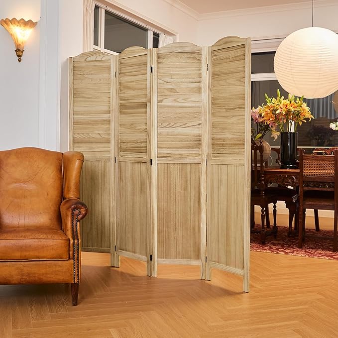 Room Partitions and Dividers, 68.9 Inch Temporary Wall with Double Hinges, Wooden Louver & MDF Stable Screens for Home Office Bedroom Coffeehouse Decoration (4 Panels, Wood Color)