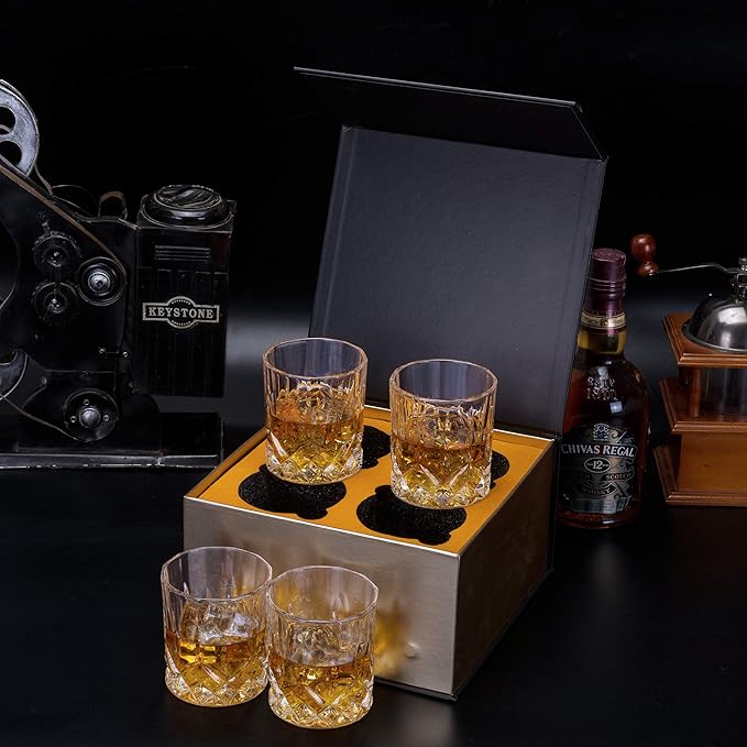 KANARS Old Fashioned Whiskey Glasses with Luxury Box - 10 Oz Rocks Barware For Scotch, Bourbon, Liquor and Cocktail Drinks - Set of 4 - Men Gift