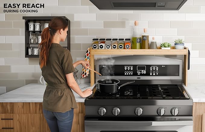 Edgecrest Bamboo Over The Stove or Sink Modern Spice Shelf, No Annoying Middle Screw, 31.5ā Wide Storage, 11.4ā High Countertop Shelf, 6 Side Hooks, Easy to Assemble, Eco-Friendly Durable Material