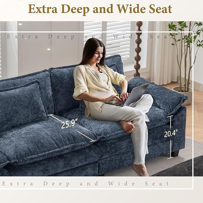 URRED Modular Sectional Sofa Comfy Cloud Couch, Modern Chenille Sofa Sleeper Deep Seat Couches with Ottoman/Pillows for Living Room (Blue, 154'' - U Shape)