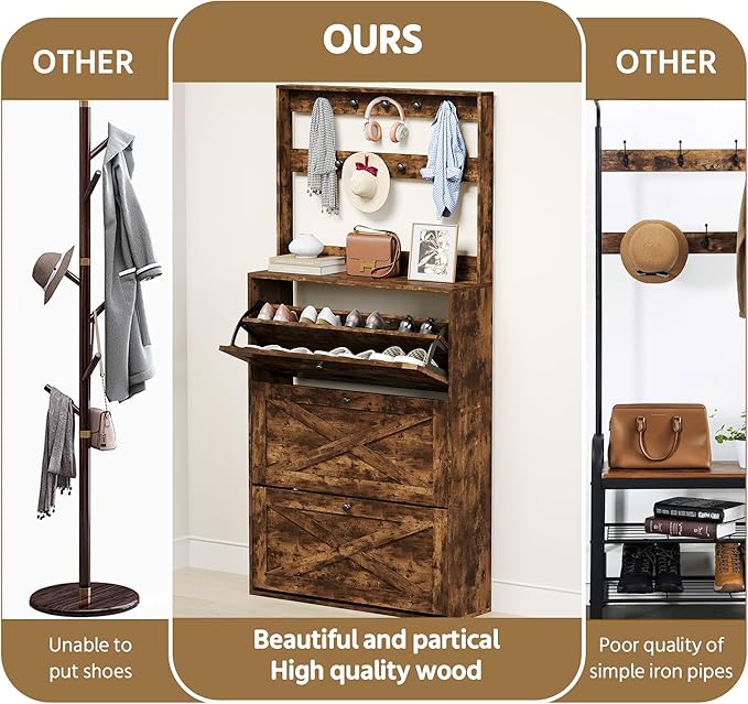 Shoe Cabinet with 3 Flip Drawers, Narrow Shoe Cabinet with 9 Hooks Coat Rack, Freestanding Shoes Storage Cabinets with Adjustable Shelves for Entryway, Hallway, Living Room, Rustic Brown