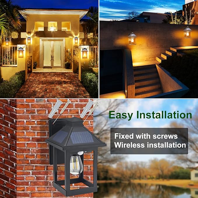 Solar Powered Wall Lanterns Outdoor with 3 Modes, Dusk to Dawn Motion Sensor LED Sconce Lights Waterproof, Exterior Front Porch Security Lamps Wall Mount Patio Fence Decorative Light Fixtures