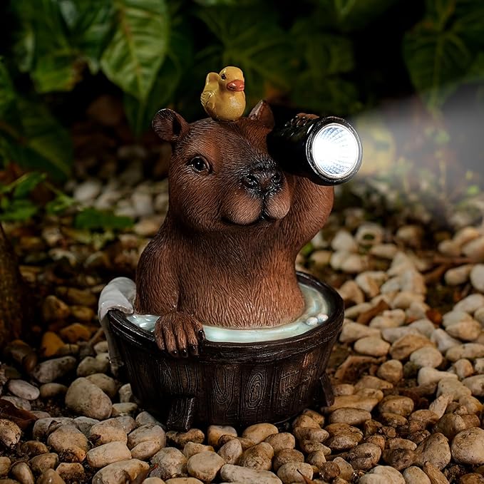 Capybara Solar Garden Statue β Funny Outdoor Resin Animal Decor with Flashlight & Duck β Waterproof Yard Lawn Ornament with LED Light β Solar Powered Figurine for Patio, Porch, Landscape