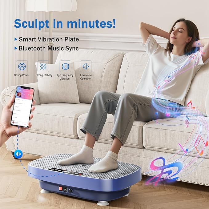 Vibration Plate Exercise Machine, Ultra-Quiet Vibration Plate for Lymphatic Drainage & Body Toning, Whole Body Vibration Platform with Bluetooth, Resistance Bands, Home Gyms Equipment
