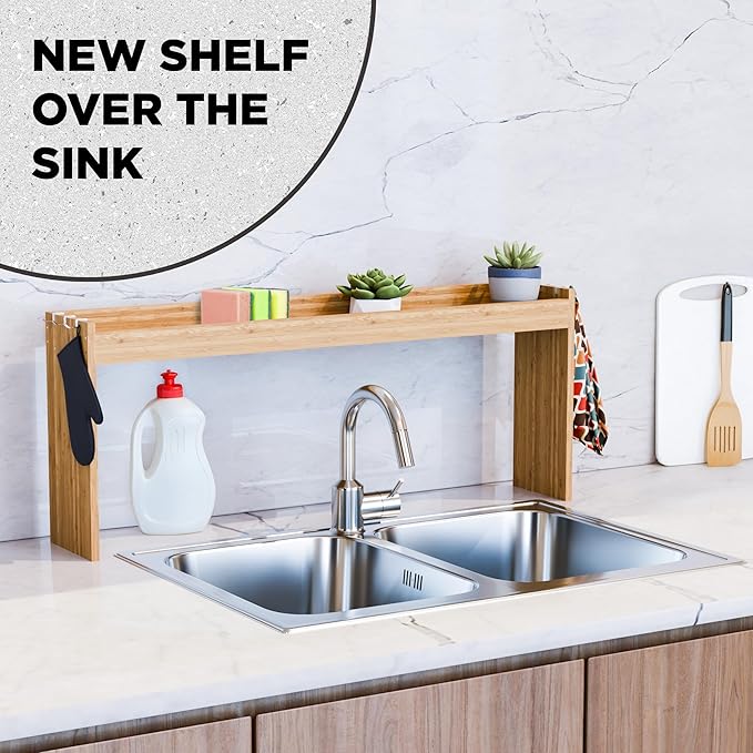 Edgecrest Bamboo Over The Stove or Sink Modern Spice Shelf, No Annoying Middle Screw, 31.5ā Wide Storage, 11.4ā High Countertop Shelf, 6 Side Hooks, Easy to Assemble, Eco-Friendly Durable Material