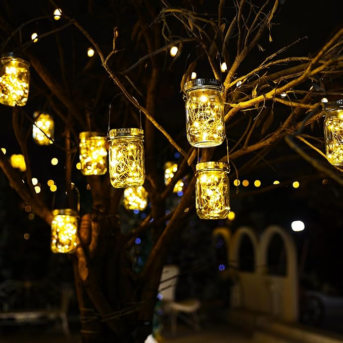 Cooo 12 Pack Solar Lanterns Outdoor Waterproof Upgraded Crystal Glass Solar Mason Jar Lights 30 LED 215% Larger SolarPanel, Anti-Rust Lid(Just a Little More,Get Double The Delight-Warm White)