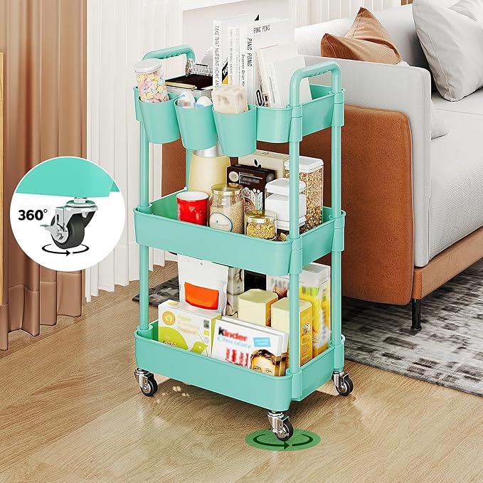 UDEAR 3-Tier Rolling Utility Cart,Multifunctional Storage Shelves with Handle and Lockable Wheels for Room,Office,Kitchen,Bathroom,with 3 Hanging Cups,Green