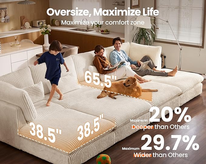 Oversized Modular Sofa, Extra Deep Cloud Corduroy Sectional Couch with Ottoman Chaise, Fluffy Chenille 8 Seater Couch Bed for Living Room, Villa (Sofa Bed 8 Seater, Corduroy White)
