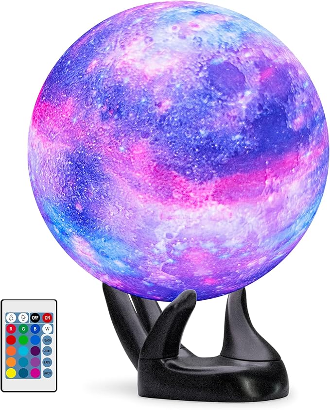 BRIGHTWORLD 7.1inch Galaxy Lamp 16 Colors Moon Lamp 3D Printing, Remote & Touch Control USB Rechargeable, Birthday Gifts for Women Room Decor Aestheticļ¼Black Hand Baseļ¼