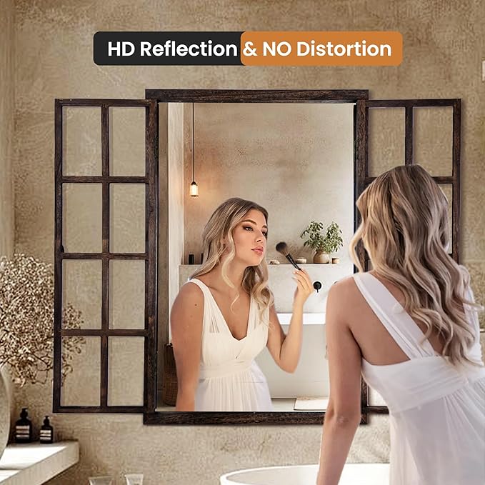 Wall Mirror with Window Design, 36"x24" Rustic Farmhouse Wood Mirror for Wall Decor, Decorative Vintage Mirror for Living Room, Bedroom, Entryway