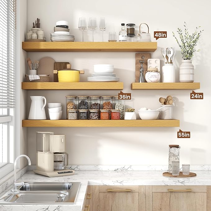 Heimlove 48" Floating Shelves for Wall,10 Deep Rustic Wood Storage Wall Shelves with Heavy Duty Brackets for Bathroom,Bedroom,Kitchen,Living Room,Office,Set of 2,Oak Color