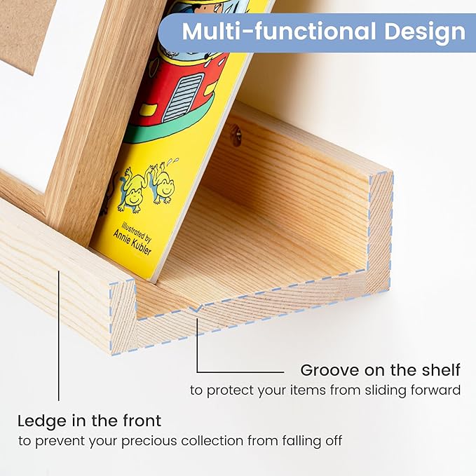 Picture Ledge Shelf for Wall, 24 inches Solid Pine Wood Nursery Book Shelves 3 Packs, Floating Ledge Shelves for Kids' Room Bedroom Bathroom Living Room Photo Frames Office Nursey Wall Decor, Natural