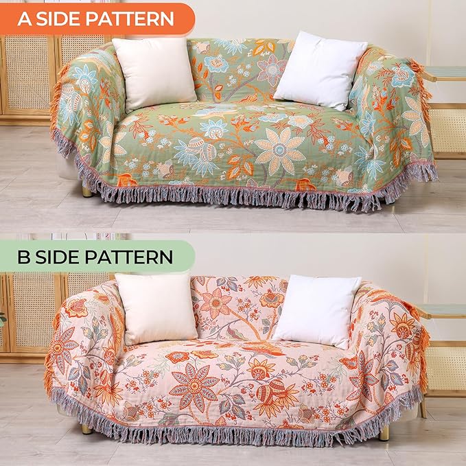 Boho Fall Throw Blanket for Bed,100% Ultra Cotton Soft Breathable Bed Throw Floral Printed Farmhouse Decor Rustic Bed Throws for Couch Sofa Quilt 90" x 98"-Orange& Sage Green
