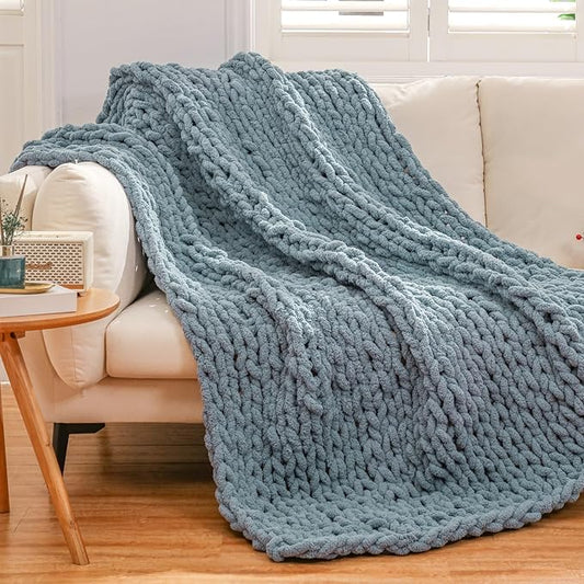 WESHIONGOO Chunky Knit Blanket Throw 50"×60" Knitted Throw Blankets for Couch Bed Fluffy Soft Blanket with Jumbo Chenille Yarn Thick 100% Handmade(Dusty Blue)