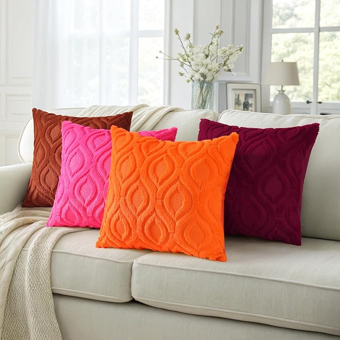 decorUhome Fall Throw Pillow Covers 20x20 Inch Set of 2, Soft Plush Decorative Faux Fur Hot Pink Solid Couch Pillow Covers, Accent Farmhouse Neutral Square Euro Pillow Cases for Sofa Bed Living Room