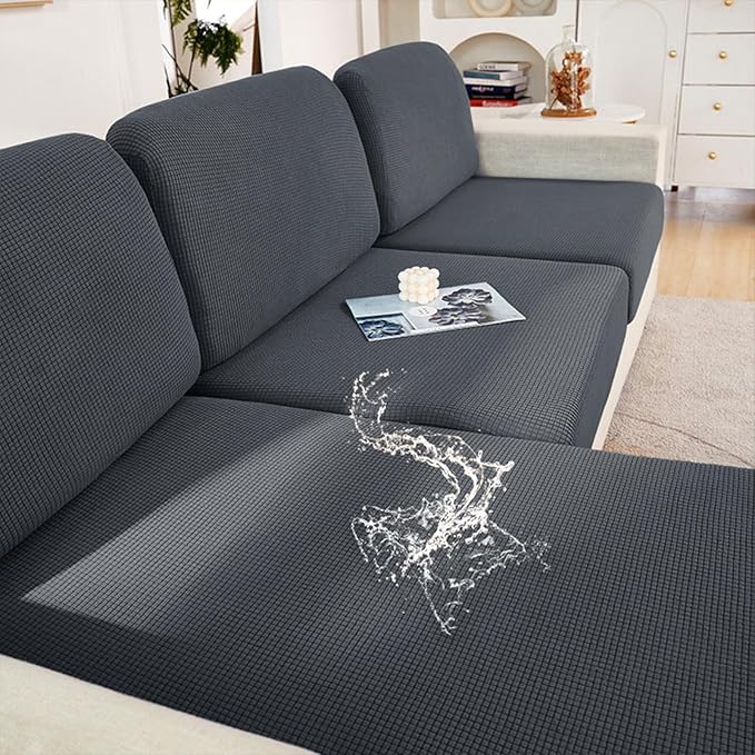 hyha Waterproof Couch Cushion Covers for Pets, Non Slip Sofa Seat Cover for Dogs Washable, Soft Thick Stretch Jacquard Fabric, Sofa Slipcovers with Elastic Bottom (3 Pieces, Grey)