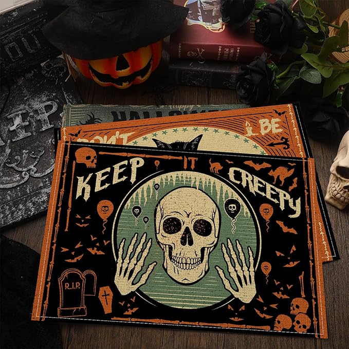 Umigy 6 Pcs Halloween Placemats 12"x18" Gothic Bat Placemats Kitchen Decoration Washable Witch Place Mats Rectangle Skull Table Mats for Halloween Dining Table Accessories(Scary)
