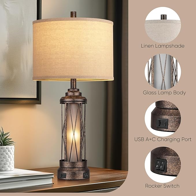 Qimh Farmhouse Table Lamps for Living Room, Rustic Nightstand Lamp for Bedroom with USB A+C Charging Ports, Frosted Glass Bedside Lamp with Night Light for Entryway End Table, 4 Bulbs Included, Bronze