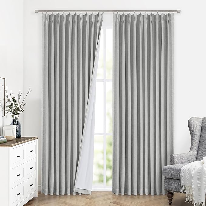 Vision Home Light Gray Pinch Pleated Full Blackout Curtains Linen Blended 60" Wide Thermal Insulated Window Panels for Bedroom Living Room Darkening Pinch Pleat Drapes with Hooks Back Tab 60"Wx72"Lx1