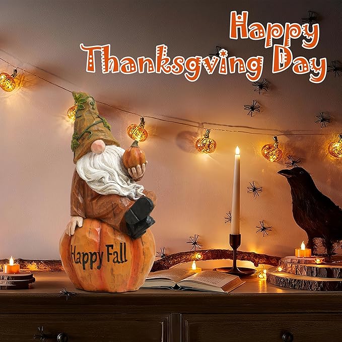Topadorn Fall Garden Gnome Figurine Sitting on Pumpkin Statue Autumn Harvest Garden Gnomes Statue Figurine for Patio Yard Lawn Porch Decoration, Happy Fall