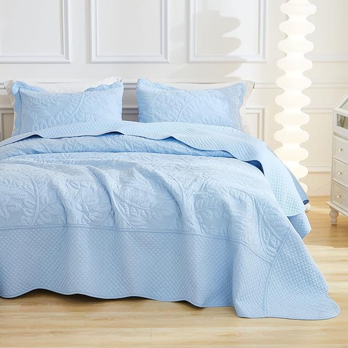 MarCielo 3-Piece 100% Cotton Oversized Bedspread Lightweight Quilt Coverlet Embroidery Farmhouse Bedding Set T0 (Light Blue, Oversized Queen (100"x106"))