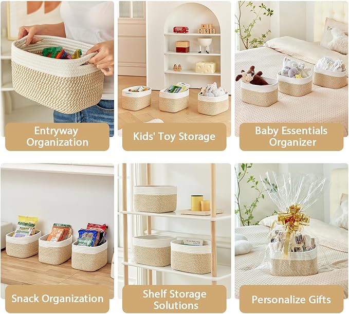 Small Cotton Rope Storage Basket Set of 3-11"x7"x7" Perfect Woven Baskets for Storage, Ideal Storage Baskets for Organizing Toys, Towels, and More - Baskets for Shelves(White & Mixed Camel)