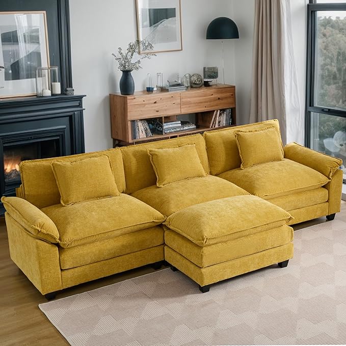 URRED Modular Sectional Sofa Comfy Cloud Couch, Modern Chenille Sofa Sleeper Deep Seat Couches with Ottoman/Pillows for Living Room (Yellow, 117''- L Shape)