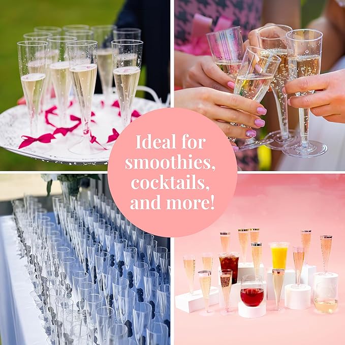 Prestee Set of 24 Clear Plastic Champagne Flutes - 4.5 oz Capacity Shatterproof Disposable Glasses - Suitable for Weddings, Cocktail Parties, and Outdoor Celebrations