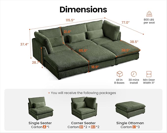 Oversized Modular Sofa, Extra Deep Cloud Corduroy Sectional Couch with Ottoman Chaise, Fluffy Chenille 6 Seater Couch Bed for Living Room, Villa (Sofa Bed 6 Seater, Corduroy Green)