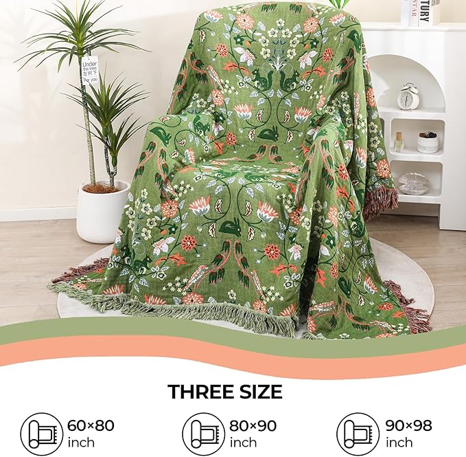 Boho Ultra Soft Throw Blanket 60''x80',100% Cotton Blankets for Couch Bed,Squirrel Farmhouse Home Decor Bed Blankets, All Season Rustic Reversible Bohemian Lightweight Throw for Bed -Light Green 