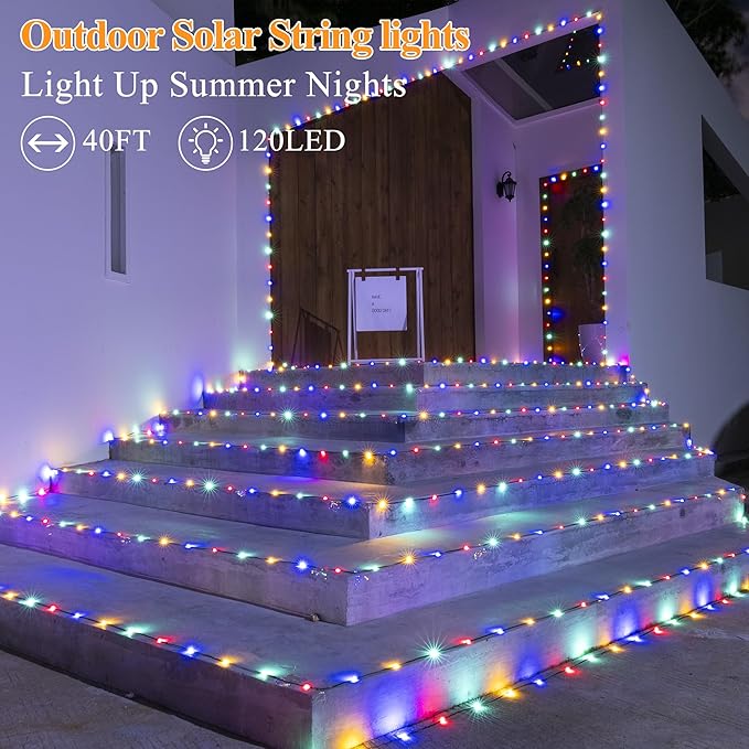 Solar String Lights 120LED 40FT, IP67 Waterproof String Lights for Outside with 8 Lighting Modes, Upgraded Solar Panel Fairy Lights for Garden Party Wedding Decorations (Multicolor)