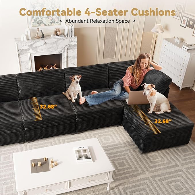Modular Sectional Sofa, 130.7" L Shaped Couch Set for Living Room, 4-Seater Comfy Cloud Couches with Movable Ottoman, DIY Combination, Plush Corduroy, Black